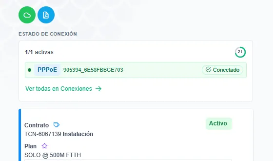 Ficha de un contrato en la plataforma. Arriba, el panel «Estado de conexión»: 1/1 activas y una cuenta PPPoE con la etiqueta «Conectado». Debajo, el contrato en estado «Activo» y su plan, «SOLO @ 500M FTTH».
