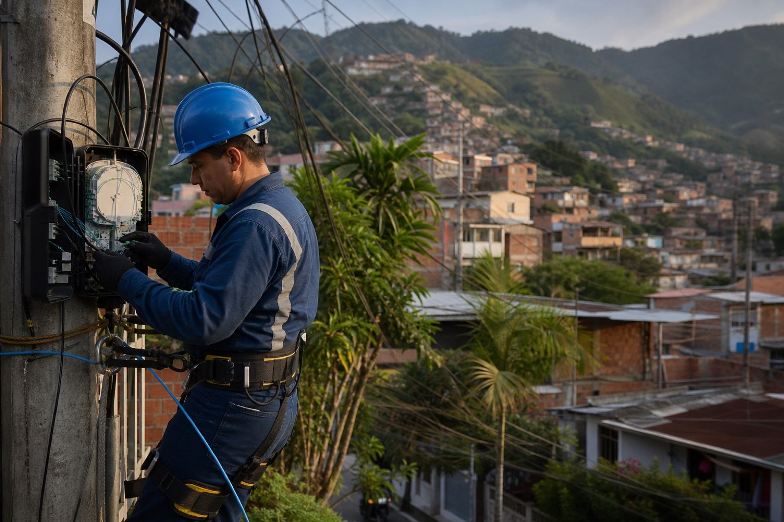 Técnico de un ISP local trabajando en un barrio colombiano